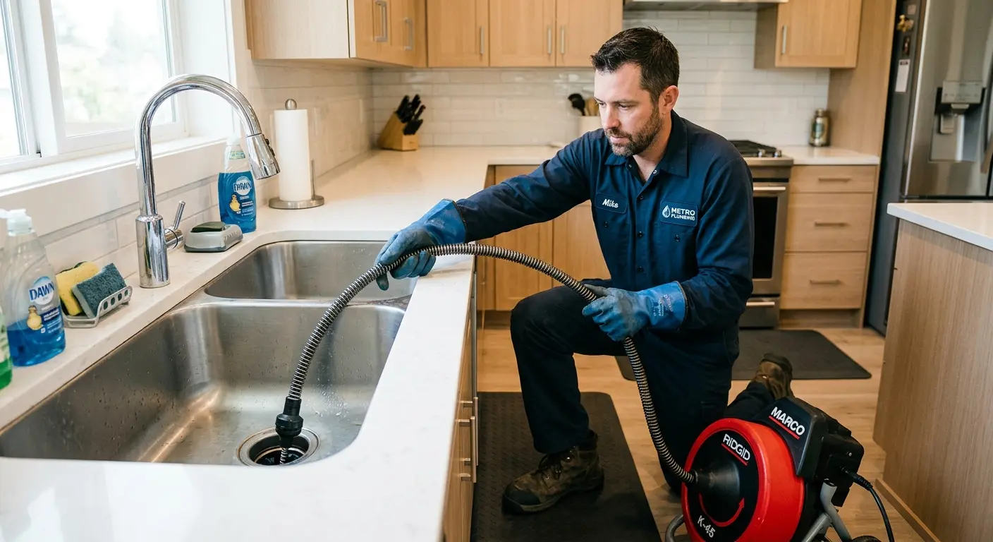 Drain cleaning technician using a motorized snake on a kitchen sink in East Earl