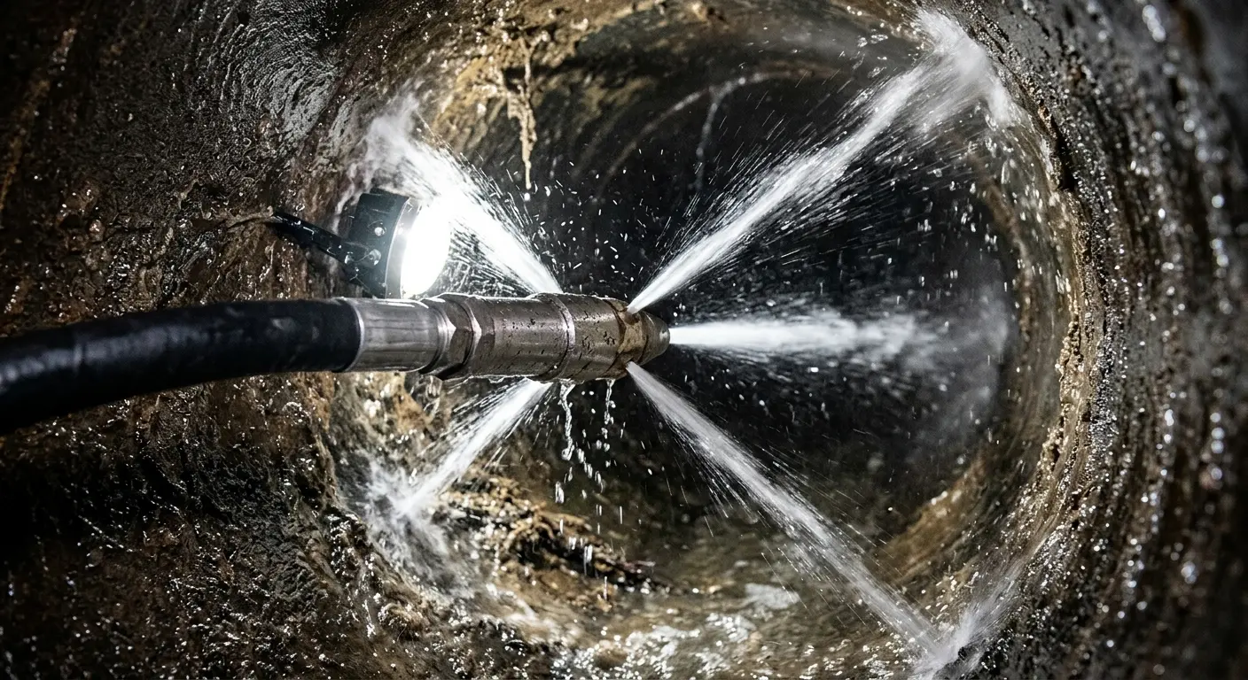 High-pressure hydro jetting nozzle cleaning sewer pipe for Emergency Drain Service in East Earl