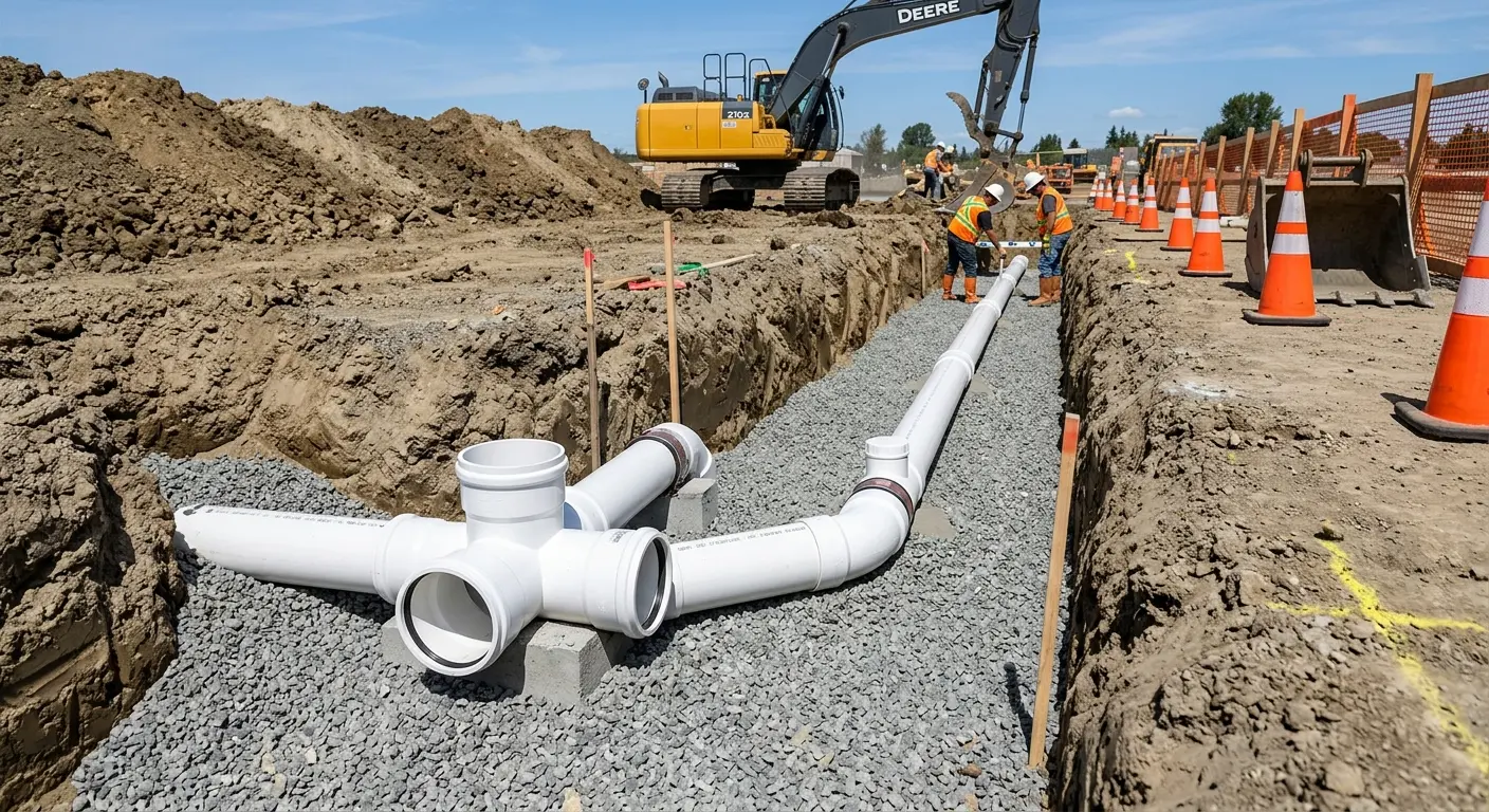 New PVC sewer pipe installation in open trench for Commercial Drain Cleaning in East Earl