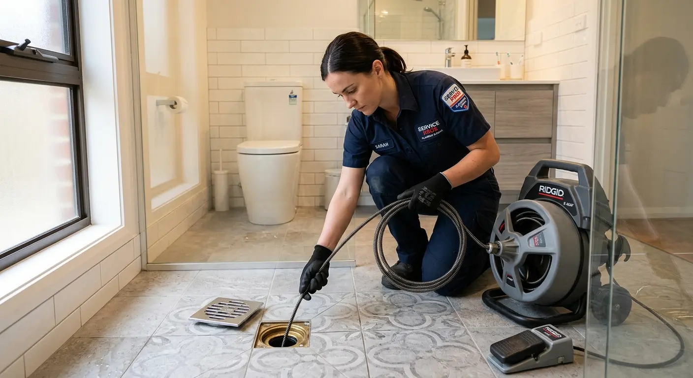 Technician clearing a bathroom floor drain for Sewer Line Installation in East Earl